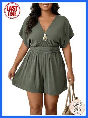 Plus Size Wrap Romper Deep V Neck Wide Leg Short Jumpsuit - Lightweight Boho